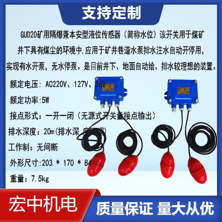 GUD-20矿用隔爆兼本安型液位传感器 水位测量器液位计 浮球式水位传感器 物位控制开关