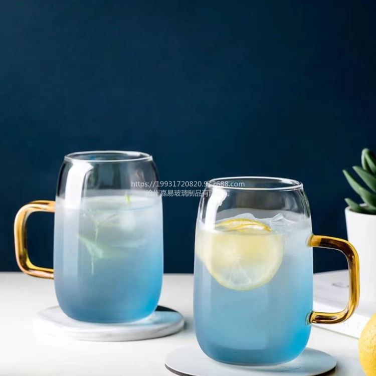 河间嘉易手工吹制创意艺术蓝色玻璃杯牛奶杯果汁杯耐高温透明水杯