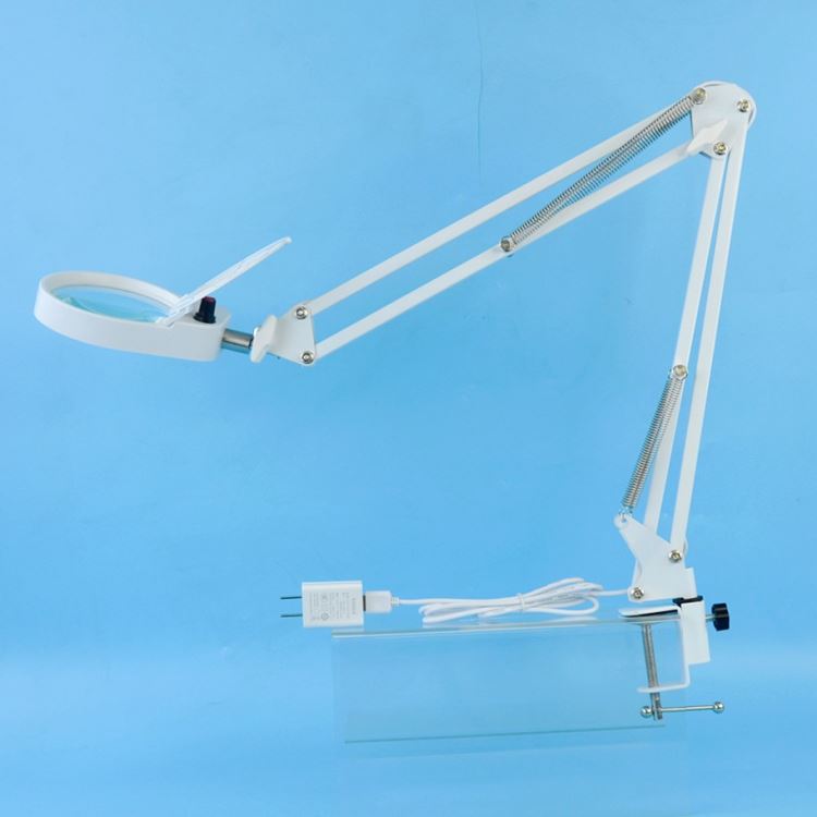 PDOK白色美式悬臂支架夹式带灯放大镜PD43598配直径98mm玻璃镜10X