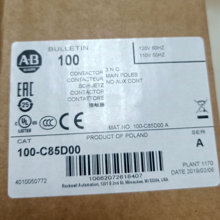 美国AB接触器100-C85D00 110V_断路器_高低压电器_电工电气_供应_工品联盟网